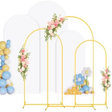 Imagem de PATYDEST Suporte e capa de arco (1,8 m, 1,5 m, 1,5 m) com capa branca, conjunto de 3 molduras de arco de casamento e capa de suporte de arco para festa de aniversário, cerimônia de casamento