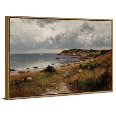 Imagem de Arte de parede costeira vintage emoldurada decoração de parede decoração de banheiro decoração vintage arte clássica oceano praia paisagem imagem impressão em tela paisagem marítima arte pôster arte