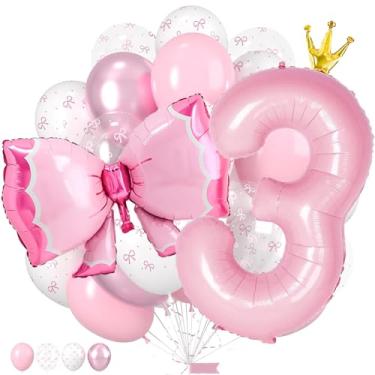 Imagem de Decorações de aniversário de laço rosa, balões de coquete, 3 balões com número de 101 cm com coroa, balões de arco branco transparente rosa de 30 cm para decorações de aniversário de meninas