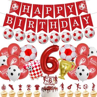 Imagem de Decorações de festa de 6º aniversário de futebol - 37 peças vermelho 6º faixa de feliz aniversário número 6 folha balão topo de bolo decoração de mesa esportiva para crianças meninos futebol temático
