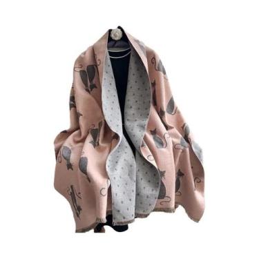 Imagem de Cachecol Feminino Quente Com Estampa De Gato Em Falso Cashmere, Xale J