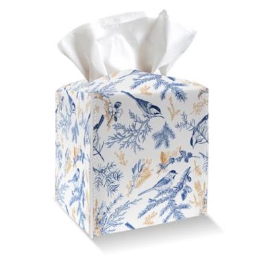 Imagem de Porta-capa de caixa de lenços de papel de pássaro de flor azul e dourada, capa de caixa de lenços de couro PU vintage com cinto inferior, organizador de papel facial quadrado para mesa, banheiro