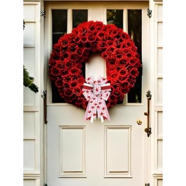 Imagem de Generic Pacote com 2 laços de guirlanda de dia dos namorados, laços de linho de serapilheira e tecido, xadrez vermelho e rosa, listrado e corações, estilo rústico e tradicional, para grinaldas, portas