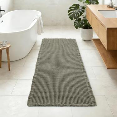Imagem de DWCN Tapete de banheiro waffle verde-oliva, tapetes de banho boêmios, superabsorventes e antiderrapantes para o chão do banheiro, tapetes de chuveiro ultra macios com revestimento de borracha para