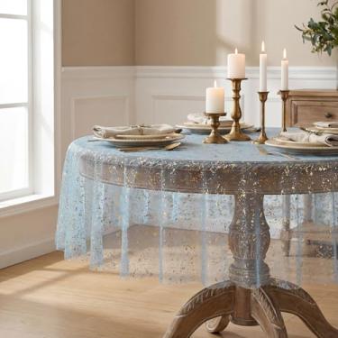 Imagem de Horaldaily Toalha de mesa de gaze dourada azul claro 152 x 152 cm, folha metálica com glitter azul claro, gaze de tule transparente para casamento, chá de bebê, cerimônia de aniversário