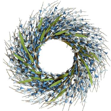 Imagem de Decoração de porta de guirlanda de mola com folhas azuis e forsítia