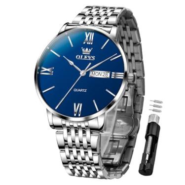 Imagem de OLEVS Relógio masculino à prova d'água, minimalista, analógico, quartzo, aço inoxidável, casual, com data, clássico, luxuoso, elegante, numerais romanos, mostrador grande, Relógio Bule - G5010, round