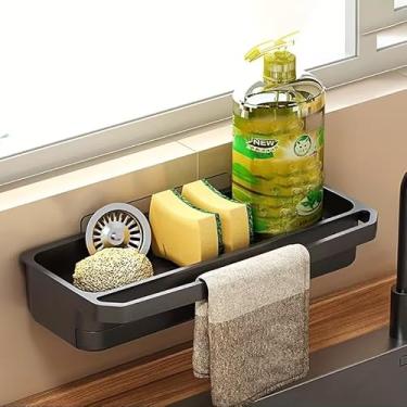 Imagem de 1 organizador de cozinha montado na parede com suporte de esponja e escorredor de pratos – Armazenamento de pia de plástico PP durável com economia de espaço para esponjas, sabonete, toalhas, design