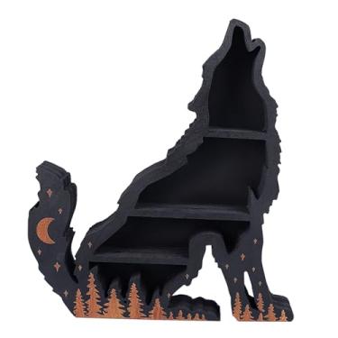 Imagem de Asixxsix Prateleira de Exibição de Cristal de Madeira Wolf, Prateleira Decorativa Multicamadas Clássica para Pedras Preciosas de Cristais, Com Gravação Mecânica para Sala de Estar de Quarto (Lobo à