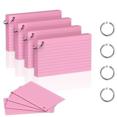 Imagem de DORFAS 200 cartões rosa de 7 x 12 cm com anéis de fichário, cartões de estudo forrados e em branco, cartões de memória grossa para estudantes e professores, cartões codificados por cores para escola
