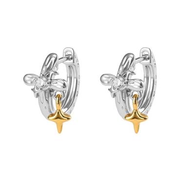 Imagem de Brincos de argola pequenos de flor delicada para mulheres penduradas em cruz estrela cúbica zircônia floral cartilagem argola brinco punho bonito joia de aniversário para filha BFF uso diário