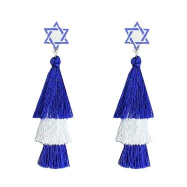 Imagem de Brincos pendentes de borla de Hanukkah, azul, branco, amarelo, borla judaica, joia de Hanukkah feliz para mulheres, Zinco, Sem pedra preciosa