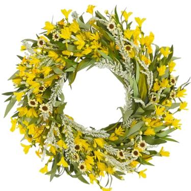 Imagem de Guirlanda de flor de forsítia amarela de 55 cm para porta da frente, guirlanda de decoração de porta para todas as estações com folhas de girassol amarelo para ambientes internos e externos, grinaldas