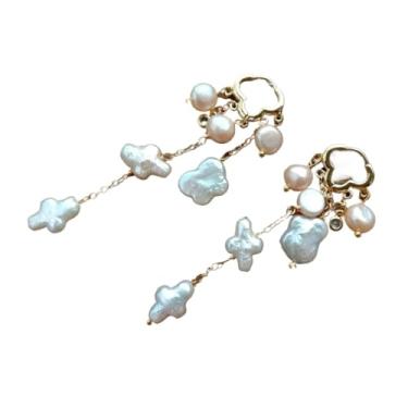 Imagem de DWBPGVUN Brincos com pingente de pérola de água doce em forma de 10 x 14 mm, banhado a ouro, joia feminina