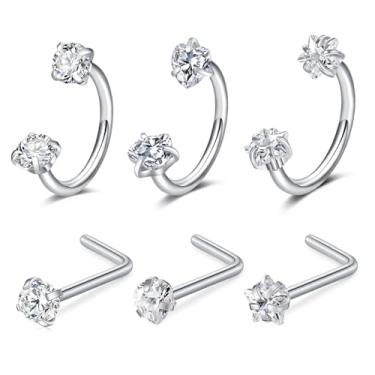 Imagem de Anicina Piercing de nariz em ferradura de 18 g, piercing de nariz de aço cirúrgico para mulheres, piercing de nariz com rosca interna, joia, Metal, Zircônia cúbica