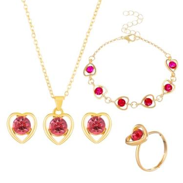 Imagem de QLUYCKW Colar de coração de cristal, brincos e pulseiras, conjunto feminino delicado com glitter dourado zircônia cúbica amor coração pingente colar anel aberto ajustável festa de casamento joia do