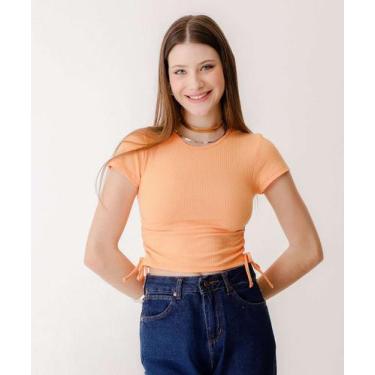 Imagem de Blusa Cropped Feminina Canelada Drapeado Marisa-84383, Laranja, PP