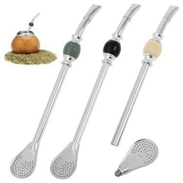 Imagem de 3 Pçs Canudos de Erva Mate, Colher de Aço Inoxidável Reutilizável de 22 cm, Agitador de Canudos com Decoração de Contas, Coador Dobrado, Bombilla Mate com Filtro de Cabeça de Colher Removível para Chá