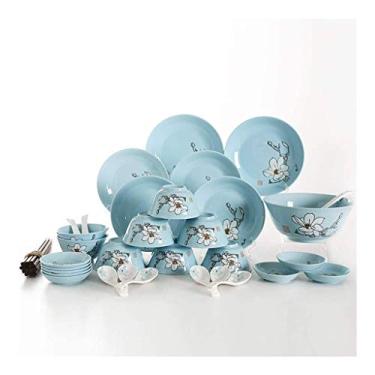 Imagem de Conjunto de louça de cozinha de porcelana fina, pratos, tigelas, pratos e tigelas para uso em piquenique RV (Cor: Rosa) (rosa) (azul)