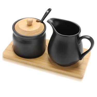 Imagem de Conjunto de açúcar e creme de cerâmica, tigela de açúcar preta com tampa e colher, jarra de creme com bandeja, conjunto de servir chá e café para bar, casa, cozinha, escritório, (preto)