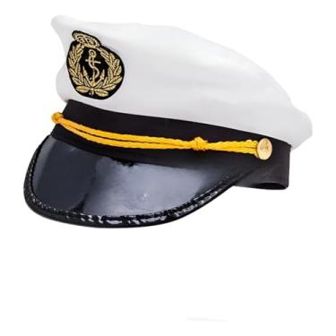 Imagem de Chapéu Marinheiro Quepe de Capitão Fantasia Náutica Branco com Emblema Dourado para Festa, Cosplay e Eventos