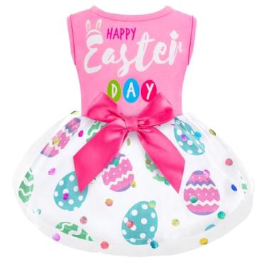 Imagem de BAOBICUTE Lindo vestido de cachorro feliz dia de Páscoa, coelhinho, ovos, roupas de gato e cachorro de tule rosa com laço para cães pequenos, fantasia de cachorrinho e gato