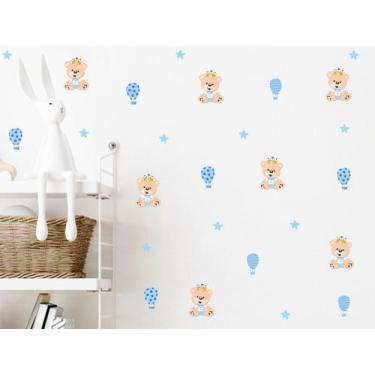 Imagem de adesivo de parede urso rei azul bebê e mini balões decoração quarto de
