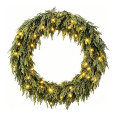 Imagem de Guirlanda de cedro – Decoração de casa com 90 luzes LED | Guirlanda realista de Natal de cipreste – para ambientes internos e externos, sala de estar, quarto, janela, porta, árvore, lareira, escada