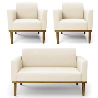 Imagem de Sofá Namoradeira E 2 Poltronas Base Madeira Castanho Maressa Veludo Bege - Ibiza