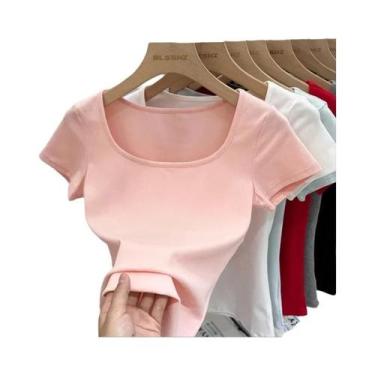 Imagem de Camiseta Feminina De Verão Com Gola Quadrada E Manga Curta Em Cor Sóli