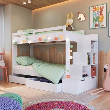 Imagem de Cama Beliche Infantil Bicama Menino Menina 2,32m Com Escada, Nichos E Gavetas Com Rodas Branca