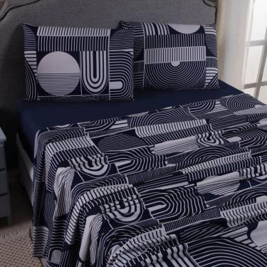 Imagem de Jogo De Lençol Mabele Queen 4 Peças Micro Percal 400 Fios Estampado - Geométrico Azul Marinho