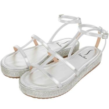 Imagem de Sandalia Flat Brilho Somileve Nayara Tiras Conforto Fivela, Prata, 36