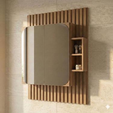 Imagem de Espelheira para Banheiro Ripada com Nichos 80cm Noce