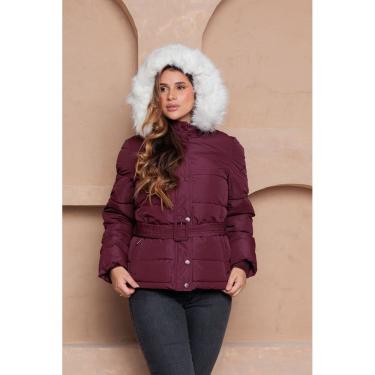 Imagem de Jaqueta Feminina Puffer com Cinto e Capuz Peluciado Forrada