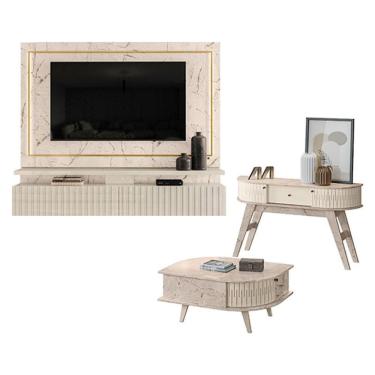 Imagem de Estante Home Theater Suspenso Gaia com Aparador Estoril e Mesa de Centro Indianápolis Calacata Off White – Madetec
