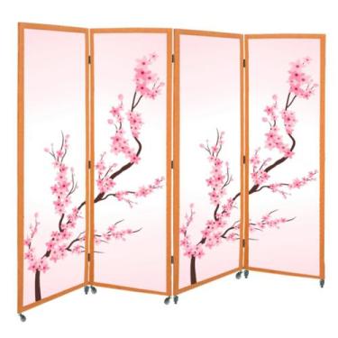 Imagem de 4 Biombo Oriental Japonês Sakura Sanfonado Com Rodinhas E Dobradiças F