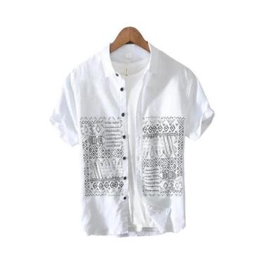 Imagem de Camisa Masculina Retrô Branca Estampada De Algodão E Linho Manga Curta