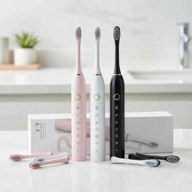 Imagem de Escova De Dentes Elétrica Sônica Recarregável Usb 4 Cabeça Rosa - Deck