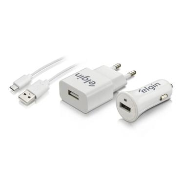 Imagem de Kit Carregadores Usb Veicular e de Tomada Elgin com Cabo Micro Usb 1m Bivolt 5V 1A Bran...