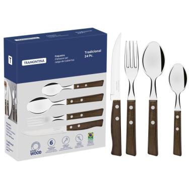 Imagem de Faqueiro Tradicional 22299050 24 Peças Aço Inox com Cabos de Madeira Natural Marrom Tramontina