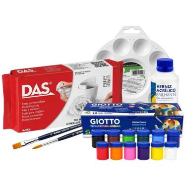 Imagem de Kit Artesanato 6pcs com Massa DAS Branca Tinta Acrílica 12 Cores Pince