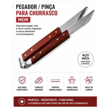 Imagem de Pegador Pinça para Churrasco em Aço Inox com Cabo de Madeira Mor