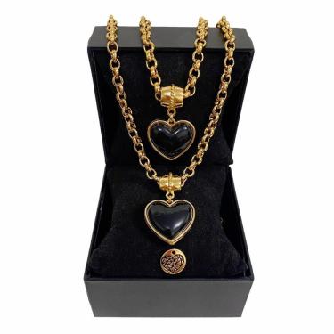 Imagem de Colar + Pulseira + Coração Preto Elo Português Grosso 6mm