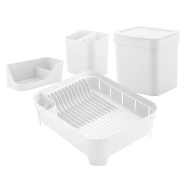 Imagem de Kit Cozinha Escorredor De Louças Talheres Lixeira 4,7L Organizador De Pia Bancada Branco - Ou