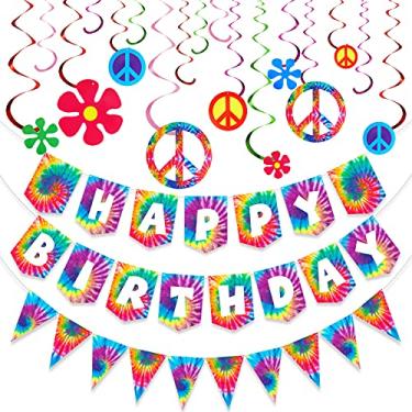 Imagem de 15 peças Tie Dye Party Happy Birthday Banner bandeira/galhardete e tema hippie anos 60, decoração em espiral para festa com estampa tie dye, tema clássico dos anos 60 e 70, hippie, festa de carnaval, chá de bebê, festa de aniversário