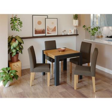 Imagem de Conjunto de Mesa de Jantar com Tampo Nature Grace e 4 Cadeiras Maia Suede Mascavo e Chumbo