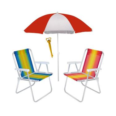 Imagem de Kit 2 Cadeira Alta Alumínio + Guarda Sol 1,80 m Aço + Saca Areia - Mor
