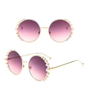 Imagem de Óculos de sol de luxo pérola moda feminina armação de metal redondo óculos de sol designer espelho pérola óculos de sol uv400,3, tamanho único