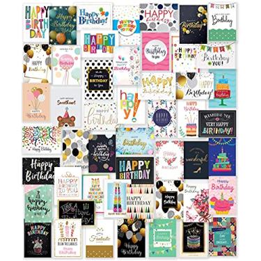 Imagem de 50 cartões exclusivos de feliz aniversário sortidos grandes 12 x 18 cm com 25 envelopes brancos e 25 marrons, adesivos e saudação de aniversário genérica dentro, volumoso, cartolina grossa em uma